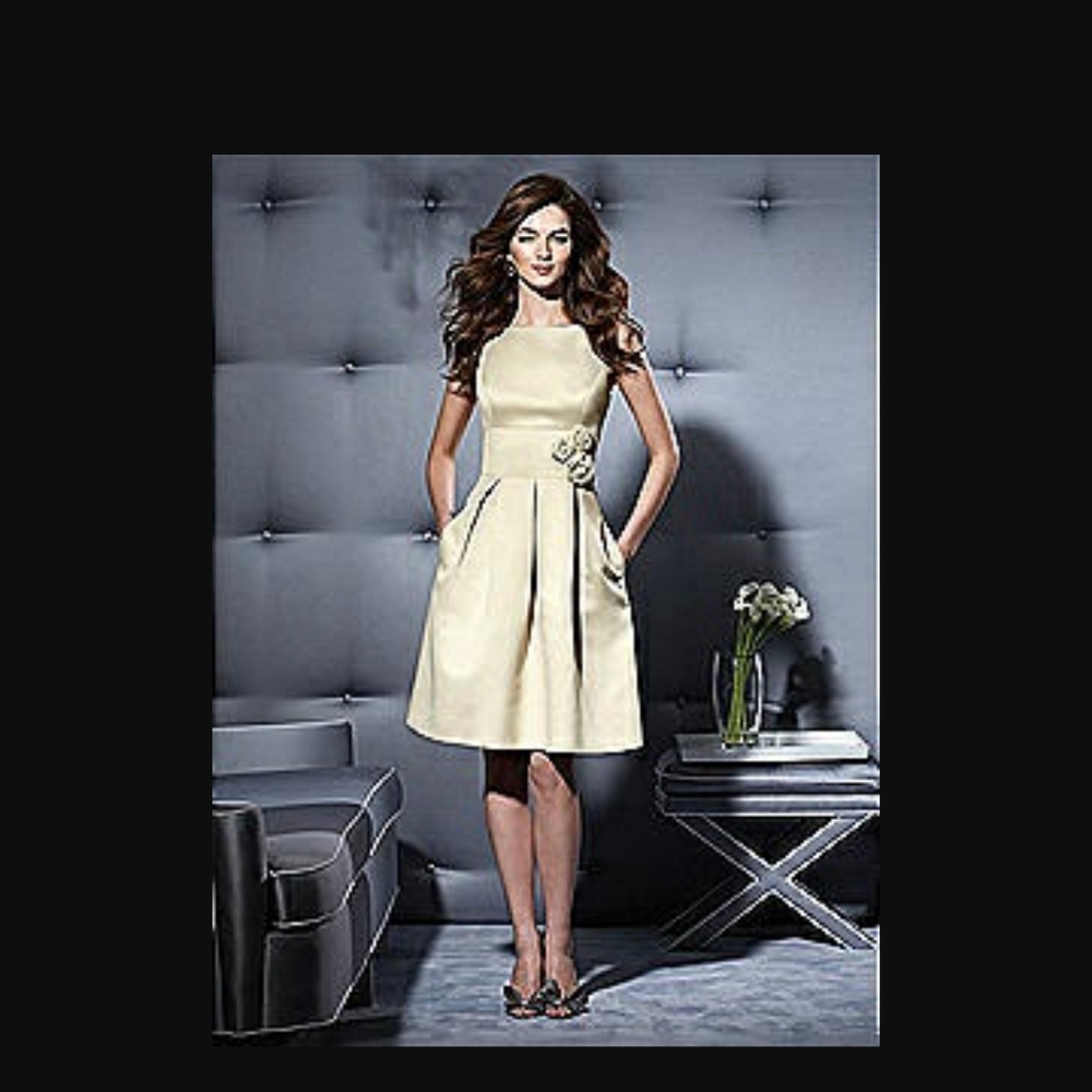 Dessy Collection NWT Duchess Satin Midi‎ Dress Gown Palomino Pocket Flowers Sz 6